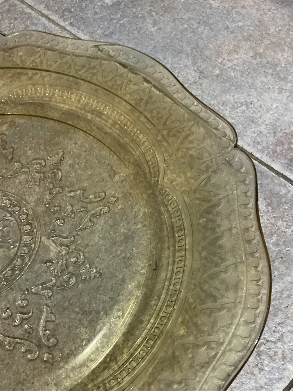 Rare yellow depression glass dinner plate.- Elegant Table Accent
